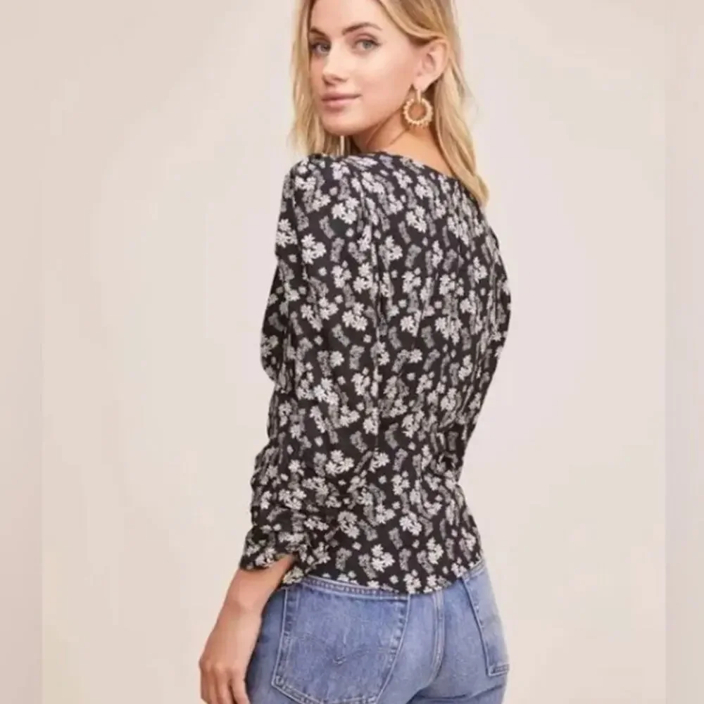 Astr the label floral ruched puff sleeve top xs
